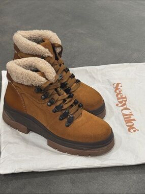 See By Chloé Chestnut Brown Suede Lace-Up Shearling Hiking Boots